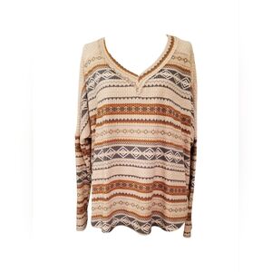 Ces Femme Textured Boho Aztec Knit V-neck Top Long Sleeve Tan Blue Rust Size L
